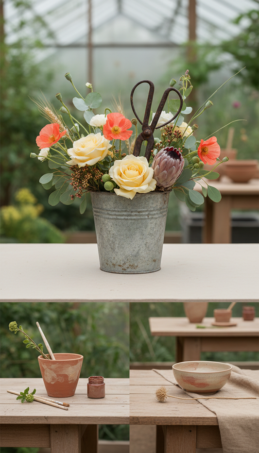 Vintage Tin Bucket Arrangement Set with Antique Shears